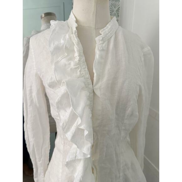 120 Lino Top Womens Ruffle Button Up Linen Shirt Blouse Long Sleeve - Picture 2 of 6